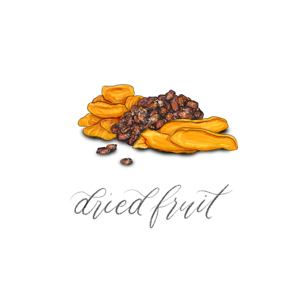 Dried raisins, apricots, craisins, mango, & ginger